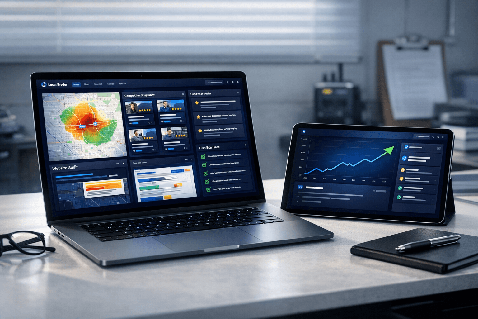 Local Radar audit dashboard with map, charts, and fix list